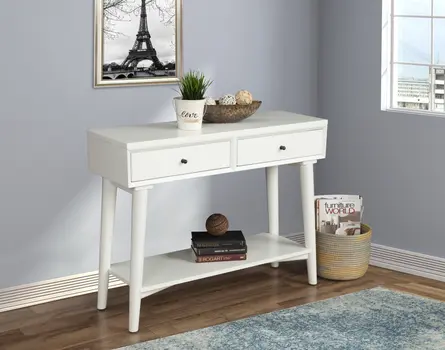 42" White Solid Wood Console Table With Shelves And Drawers