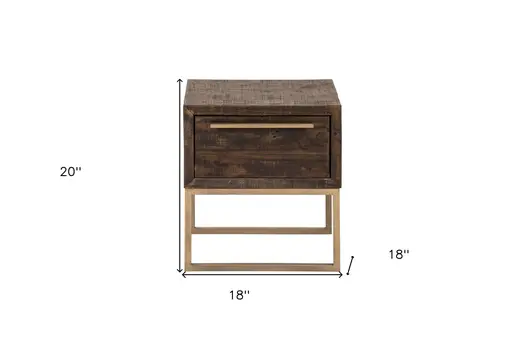 18" Antiqued Brass And Brown Reclaimed Wood End Table With Drawer