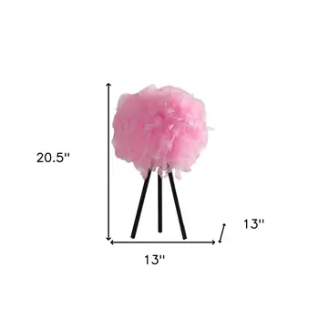 21" Black Tripod Table Lamp With Pink Faux Feather Shade