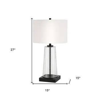 27" Black and Clear Metal and Glass Table Lamp With White Drum Shade