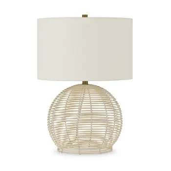 21" Natural Rattan Table Lamp With White Drum Shade