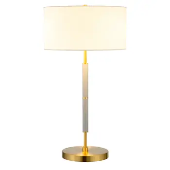 25" Gray and Gold Metal Two Light Table Lamp With White Drum Shade