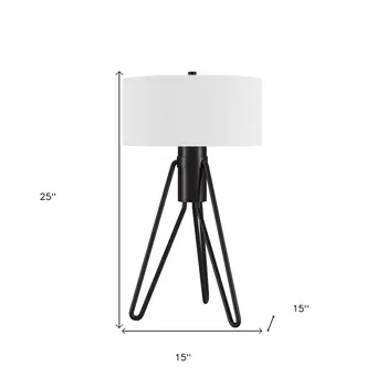 25" Black Metal Two Light Tripod Table Lamp With White Drum Shade
