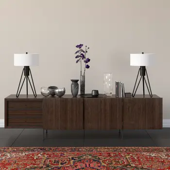 25" Black Metal Two Light Tripod Table Lamp With White Drum Shade
