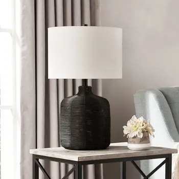 20" Black Rattan Table Lamp With White Drum Shade