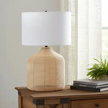 27" Natural Rattan Table Lamp With White Drum Shade