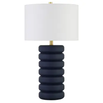 25" Navy Blue Ceramic Table Lamp With White Drum Shade