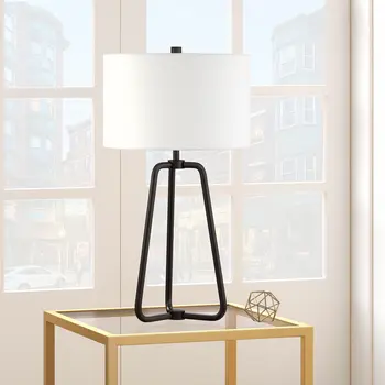 25" Black Metal Table Lamp With White Drum Shade