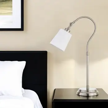 25" Nickel Metal Arched Table Lamp With White Drum Shade