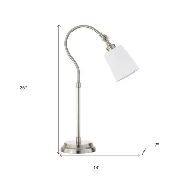 25" Nickel Metal Arched Table Lamp With White Drum Shade