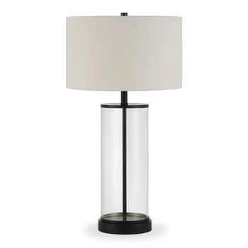 28" Black Glass Table Lamp With White Drum Shade