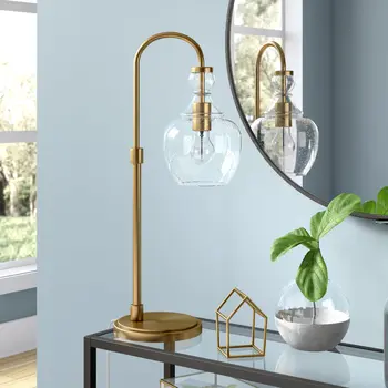 27" Brass Metal Arched Table Lamp With Clear Seeded Glass Dome Shade