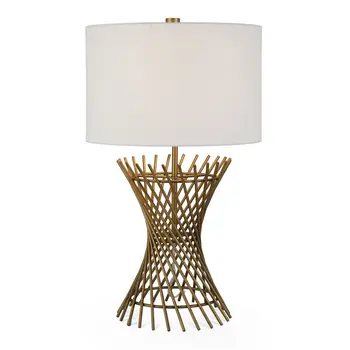 25" Antiqued Brass Metal Adjustable Table Lamp With White Drum Shade