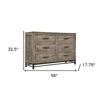 56" Brown Solid Wood Six Drawer Double Dresser