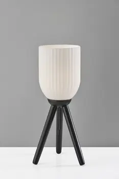 23" Black Solid Wood Tripod Table Lamp With White Ribbed Glass Shade