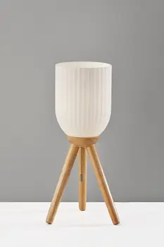 23" Natural Solid Wood Tripod Table Lamp With White Ribbed Glass Shade