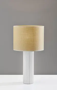 24" White Ceramic Cylinder Table Lamp With Beige Drum Shade