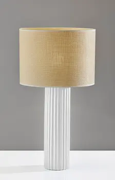29" White Ceramic Cylinder Table Lamp With Beige Drum Shade