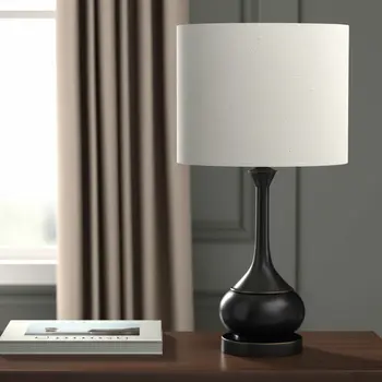 25" Blackened Bronze Metal Round Table Lamp With Off White Drum Shade