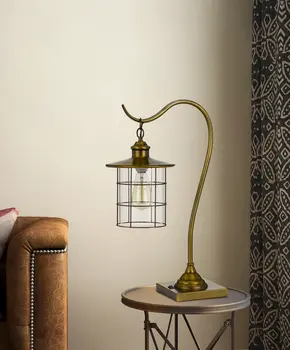 25" Antiqued Brass Metal Lantern Desk Lamp With Antiqued Brass Drum Shade