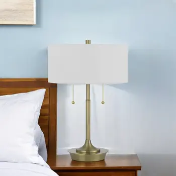 20" Antiqued Brass Metal Two Light Table Lamp With White Drum Shade