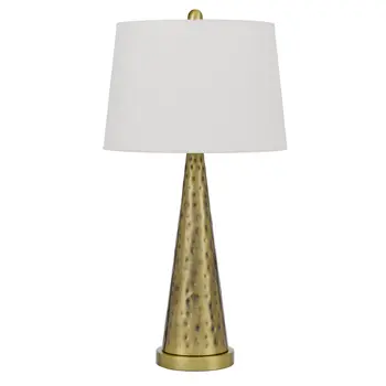 27" Antiqued Brass Metal Geometric Table Lamp With White Empire Shade