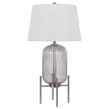 33" Nickel Glass Round Table Lamp With White Empire Shade
