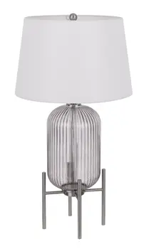 33" Nickel Glass Round Table Lamp With White Empire Shade
