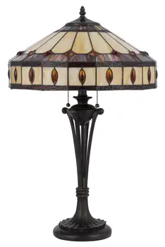 26" Black Metal Two Light Candlestick Table Lamp With Ivory and Red Dome Shade