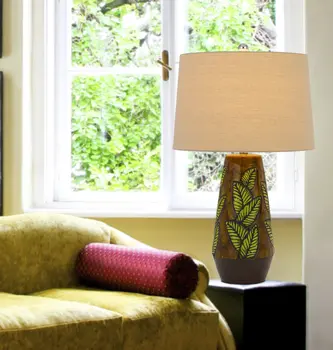 29" Brown Ceramic Cylinder Table Lamp With Tan Empire Shade