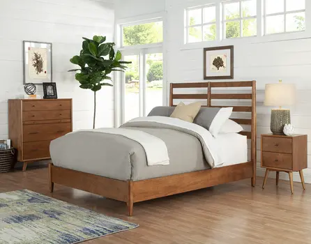 Brown Slat Back Solid Wood Queen Bed Frame