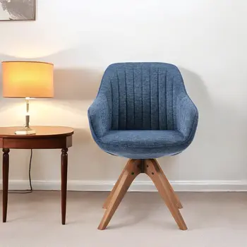 23" Blue Fabric And Natural Swivel Accent Arm Chair