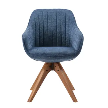23" Blue Fabric And Natural Swivel Accent Arm Chair