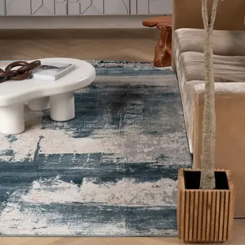 4' X 6' Blue And Beige Abstract Washable Non Skid Area Rug