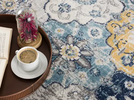 8' Blue and Gray Round Floral Washable Non Skid Area Rug
