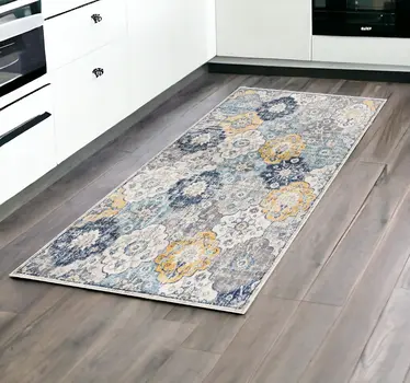 8' Blue and Gray Round Floral Washable Non Skid Area Rug