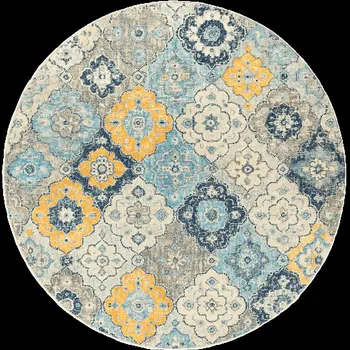 8' Blue and Gray Round Floral Washable Non Skid Area Rug