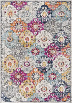 5' Gray Beige and Blue Geometric Distressed Round Rug