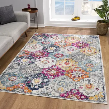 8' Rust Round Geometric Washable Non Skid Area Rug