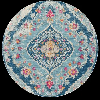 5' Blue and Gray Oriental Distressed Round Rug