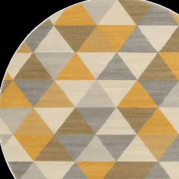 8' Yellow Round Geometric Washable Non Skid Area Rug