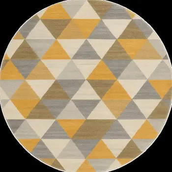 8' Yellow Round Geometric Washable Non Skid Area Rug