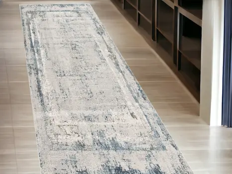 13' Blue And Gray Abstract Washable Runner Rug