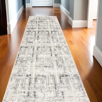 10' Ivory and Gray Geometric Distressed Runner Rug
