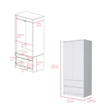 32" White Two Drawer Combo Dresser