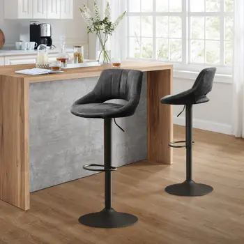 Set of Two 32" Black Faux Leather And Steel Swivel Low Back Adjustable Height Bar Chairs