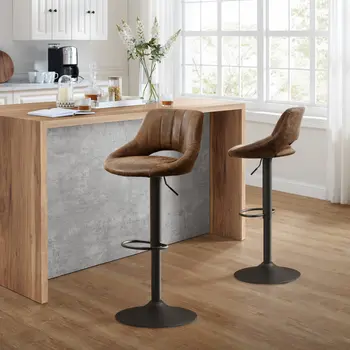 Set of Two Brown and Black Faux Leather and Steel Low Back Adjustable Height Swivel Bar Chairs