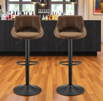 Set of Two Brown and Black Faux Leather and Steel Low Back Adjustable Height Swivel Bar Chairs