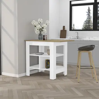 35" Natural and White Wood Kitchen Island With Storage