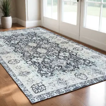 2' X 4' Gray Oriental Washable Area Rug With UV Protection